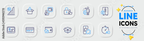 5g wifi, Open box and Get box line icons for web app. Pack of Credit card, Wallet, Phone puzzle pictogram icons. Lock, Gps, Loyalty program signs. Timer, Employee, Refrigerator. Vector