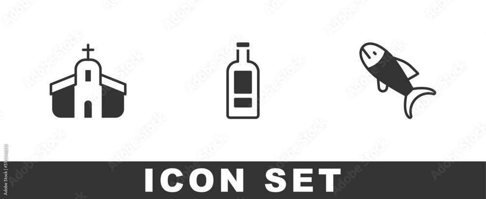 Set Church building, Bottle of vodka and Fish icon. Vector Set Church building, Bottle of vodka and Fish icon. Vector