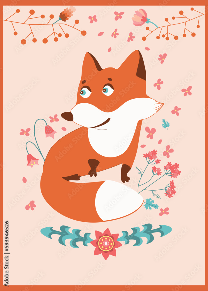 Ready to use design for your notebook. Cute fox. Poster for baby room. Childish print for nursery. Design can be used for fashion t-shirt, greeting card, baby shower...Vector illustration.