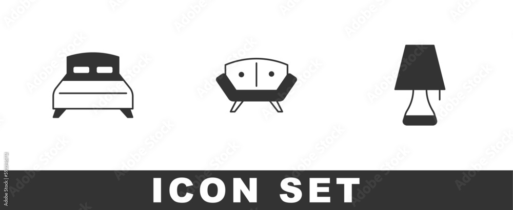 Set Big bed, Sofa and Table lamp icon. Vector Set Big bed, Sofa and Table lamp icon. Vector