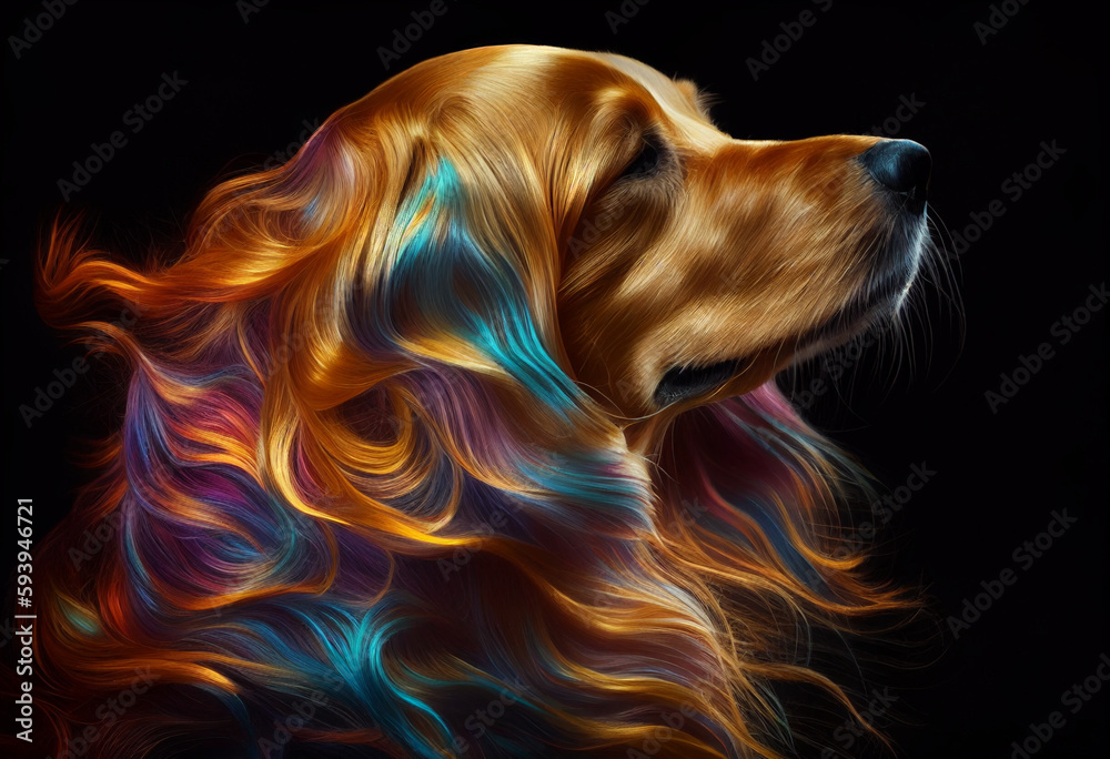 Dog with developing multi-colored coat on a dark background. AI Generated