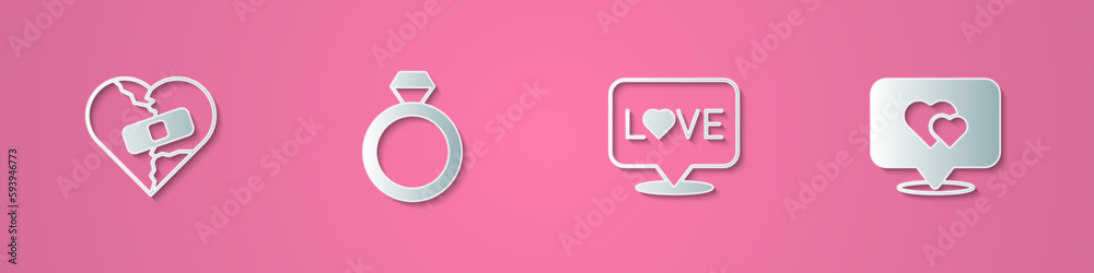 Set paper cut Healed broken heart or divorce, Wedding rings, Love text and Location with icon. Paper art style. Vector