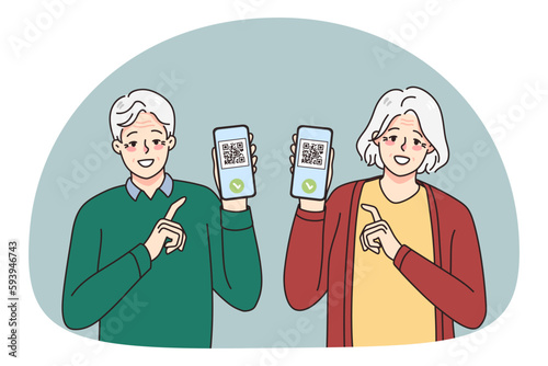 Smiling old man and woman show digital qr codes vaccination certificates on cellphones. Happy mature couple demonstrate covid vaccinating health passport on smartphone. Vector illustration.