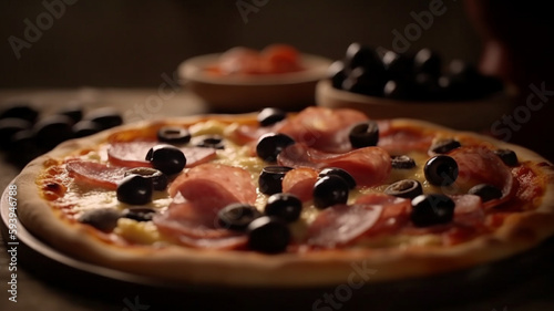 Pizzas with mozzarella, ham and black olives generative IA