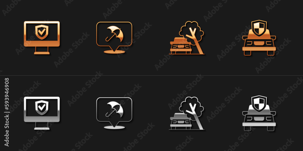Set Insurance online, Umbrella, Car damaged by fallen tree and insurance icon. Vector