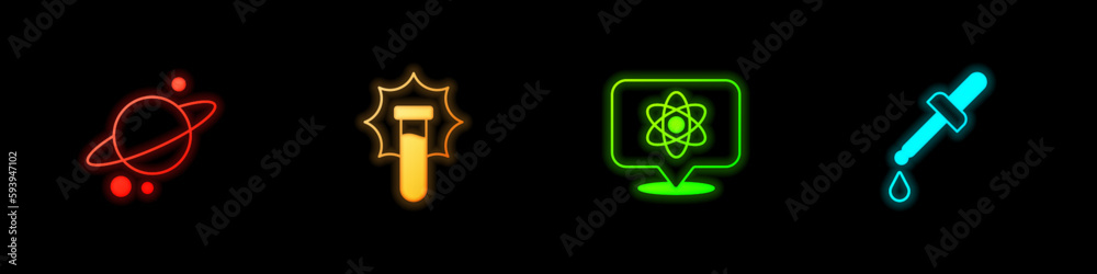 Set Planet Saturn, Explosion in the flask, Atom and Pipette icon. Vector Set Planet Saturn, Explosion in the flask, Atom and Pipette icon. Vector