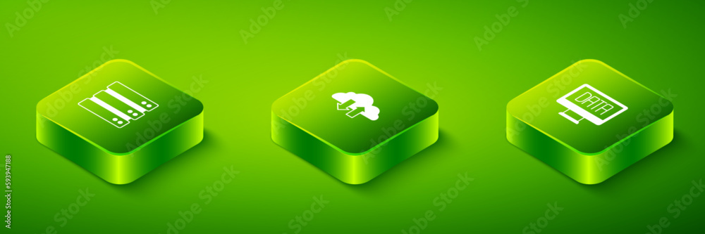 Set Isometric Cloud download and upload, Data analysis and Server icon. Vector Set Isometric Cloud download and upload, Data analysis and Server icon. Vector