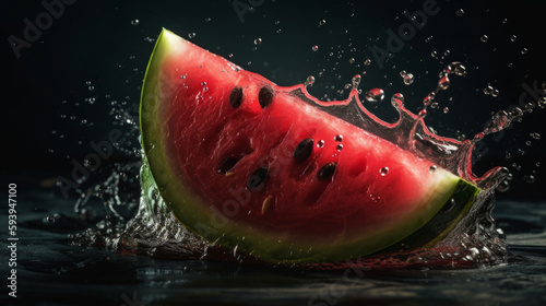 Juicy watermelon with juice splash on dark background. Al generated
