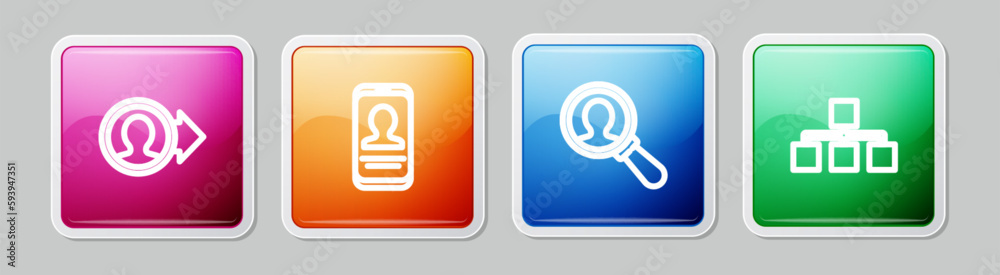 Set line Create account screen, Mobile with resume, Magnifying glass for search and Hierarchy organogram chart. Colorful square button. Vector Set line Create account screen, Mobile with resume, Magnifying glass for search and Hierarchy organogram chart. Colorful square button. Vector
