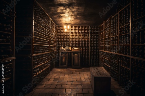 Wine cellar full of wine bottles. Bottles with wine on shelf in the wine bar. Generative AI