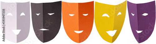 cardboard theatrical masks on a transparent background, banner, minimalistic photo