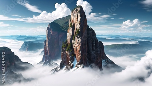A mountain in the clouds with a blue sky and clouds. wallpaper landscape background