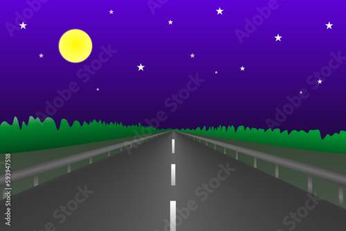 Road at Night Sky Background Vector Illustration Cartoon Moon Stars Dark Purple Black Travel Voyage Journey Journal Trip Landscape View Way Diving Street Vacation Holidays 