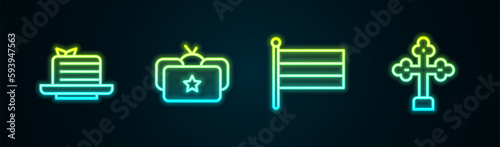 Set line Medovik, Ushanka, National Russia flag and Christian cross. Glowing neon icon. Vector