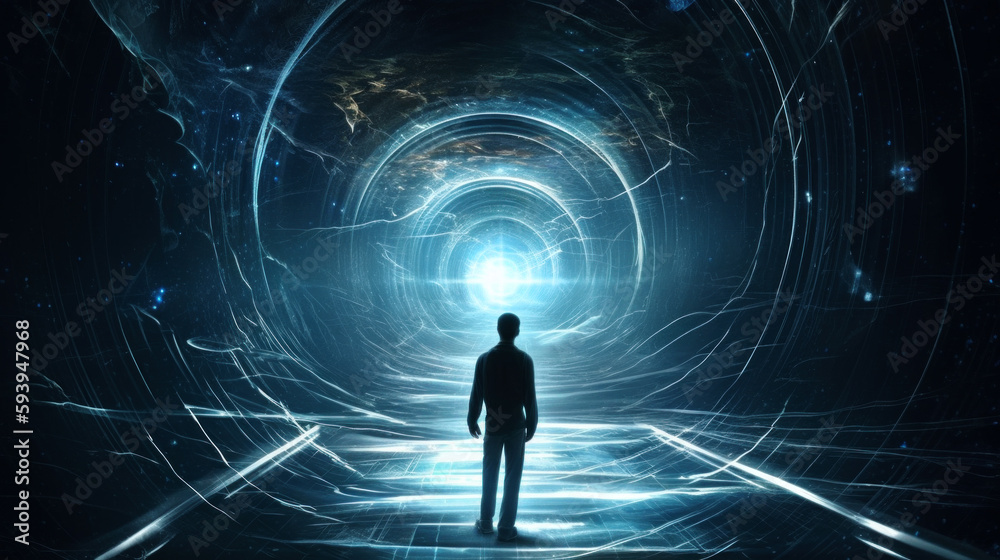 Person in silhouette at the entrance to an energy portal with a bright light at the end. Generative Ai. Person in silhouette at the entrance to an energy portal with a bright light at the end. Generative Ai.