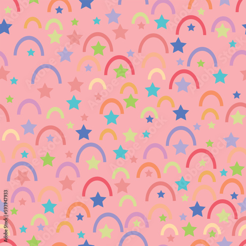 Vector abstract parts of rainbows and stars repeating pattern background.
