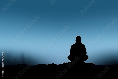 Background of silhouette of a person meditating. Wallpaper illustration. Rear view with copy space for text information or content. Concept of meditation, yoga. Generative AI. © unik