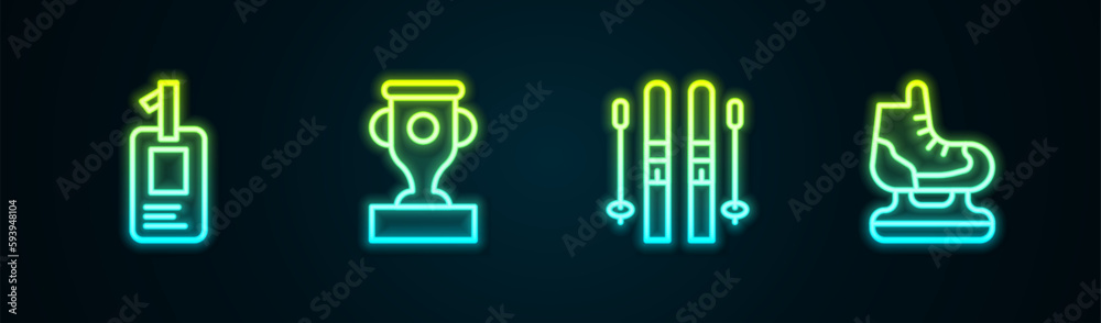 Set line Identification badge, Award cup, Ski and sticks and Skates. Glowing neon icon. Vector Set line Identification badge, Award cup, Ski and sticks and Skates. Glowing neon icon. Vector