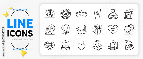 Sale tag, Sunglasses and World travel line icons set for app include Sunscreen, Snowman, Vip chip outline thin icon. Luggage insurance, Fireworks rocket, Heart pictogram icon. Fishfinder. Vector
