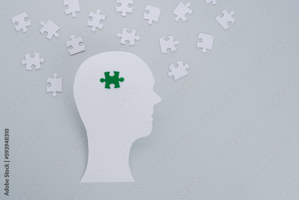 Concept of green business devotion, sustainability and negative impacts on the environment showing by paper-cut of human head with choice green puzzle on a gray background. flat lay Concept of green business devotion, sustainability and negative impacts on the environment showing by paper-cut of human head with choice green puzzle on a gray background. flat lay