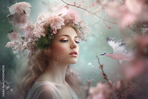 Pastel portrait of a woman in a dusty pink dress with ethereal wherry blossom like flowers. Generative Ai.