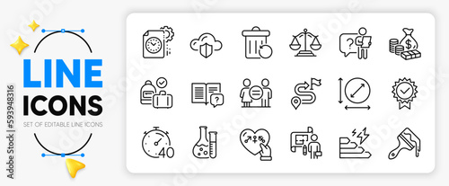 Timer, Instruction manual and Chemistry lab line icons set for app include Genders, Recovery trash, Brush outline thin icon. Money, Justice scales, Search employee pictogram icon. Vector