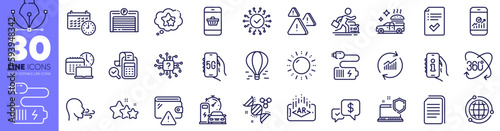 Augmented reality, Globe and Breathing exercise line icons pack. Work time, Copy files, Air balloon web icon. Wallet, Car rental, Chemistry dna pictogram. Approved checklist, 5g internet. Vector
