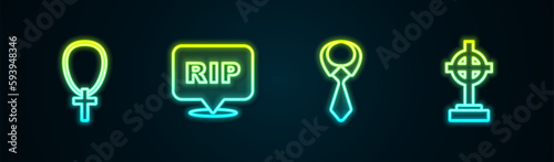 Set line Christian cross on chain, Speech bubble rip death, Tie and Grave with. Glowing neon icon. Vector