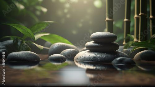 Spa still life with stacked of stone and bamboo leaf. AI generated