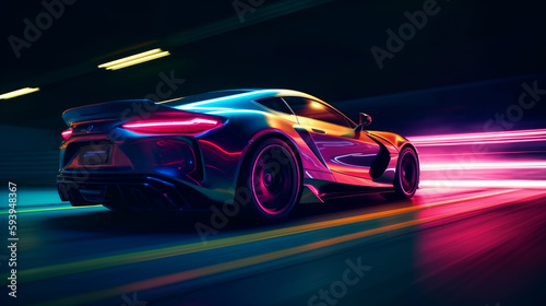 Fast supercar driving at high speed, with stunning neon lights. Motion blur effect speed. AI generated