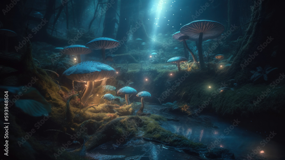 al ethereal woodland forest scene with fairy lights and tall mushrooms. Generative Ai.