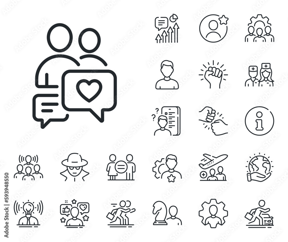 Fototapeta premium Love chat symbol. Specialist, doctor and job competition outline icons. Couple communication line icon. Valentines day sign. Dating chat line sign. Avatar placeholder, spy headshot icon. Vector