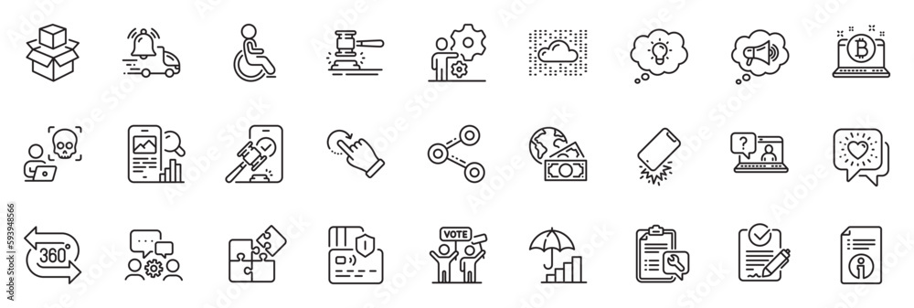 Icons pack as Puzzle, Rfp and Technical info line icons for app include Spanner, Inflation, Smartphone broken outline thin icon web set. Delivery notification, Faq, Packing boxes pictogram. Vector