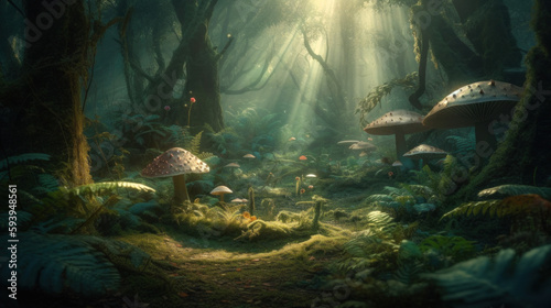 Fantasy magical ethereal woodland forest scene with fairy lights and tall mushrooms. Generative Ai.