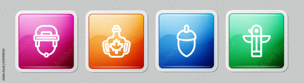 Set line Hockey helmet, Bottle of maple syrup, Acorn and Canadian totem pole. Colorful square button. Vector Set line Hockey helmet, Bottle of maple syrup, Acorn and Canadian totem pole. Colorful square button. Vector