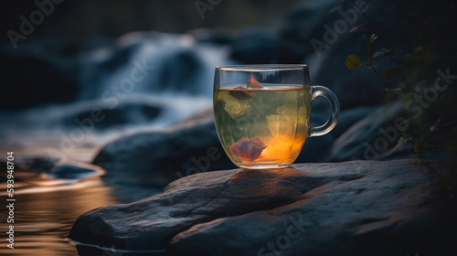 Glass cup of herbal tea in an ethereal landscape with setting sun and stream and mountains. Generative Ai 