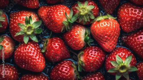 Fresh ripe strawberries seamless pattern on black background. Top view. Banner. Al generated