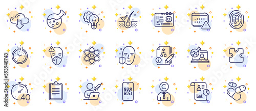 Outline set of Timer, Copyrighter and Puzzle line icons for web app. Include Medical mask, Algorithm, Motherboard pictogram icons. Vaccination appointment, Online chemistry, Clipboard signs. Vector