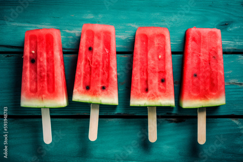 Watermelon slice popsicles on a blue rustic wood. Generative AI