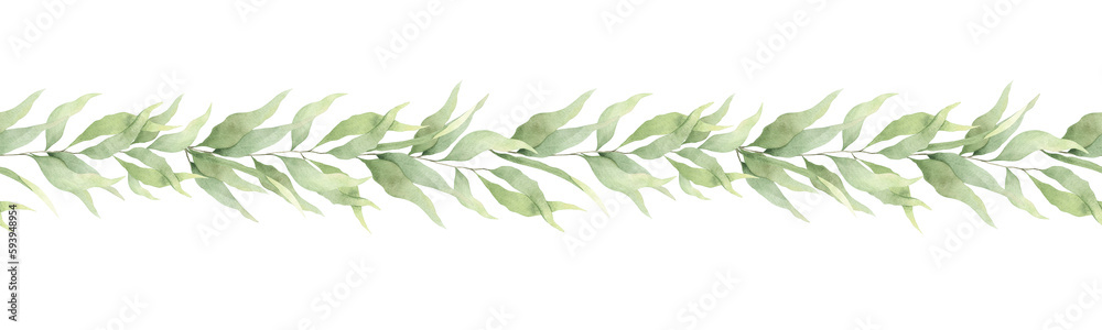 Green leaf seamless border. Watercolor floral illustration. Background for wedding invitations, greetings, wallpapers, postcards