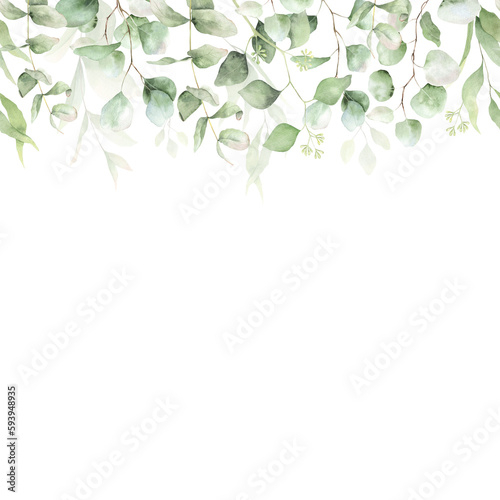 Eucalyptus green leaf seamless border. Watercolor floral illustration. Background for wedding invitations, greetings, wallpapers, postcards