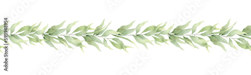 Green leaf seamless border. Watercolor floral illustration. Background for wedding invitations, greetings, wallpapers, postcards