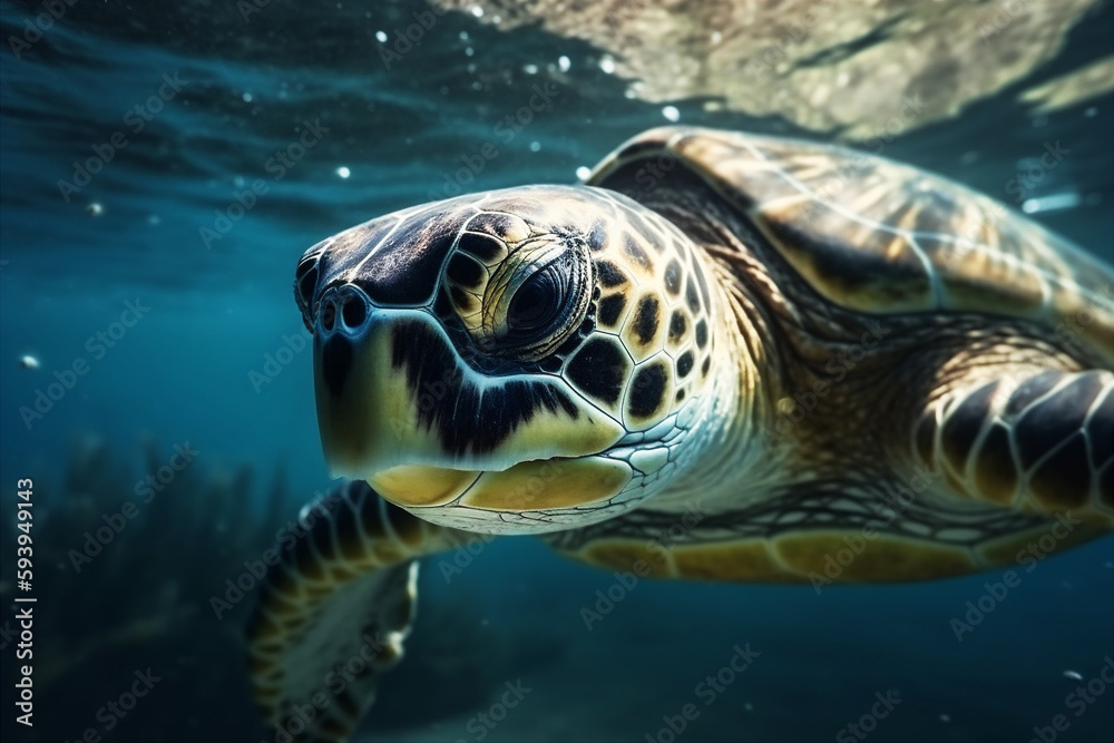 Fototapeta premium Close Up portrait of happy sea turtle swimming underwater. AI generated.