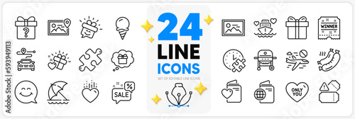 Icons set of Travel passport, Tickets and Puzzle line icons pack for app with Discounts bubble, Photo, Journey thin outline icon. Ice cream, Secret gift, Gift box pictogram. Vector