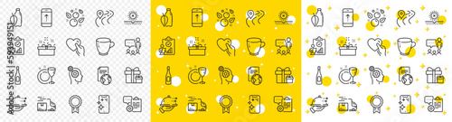 Outline Thoughts, Reward and Smartphone clean line icons pack for web with Present box, Food delivery, Road line icon. No sun, Clipboard, Surprise package pictogram icon. People chatting. Vector