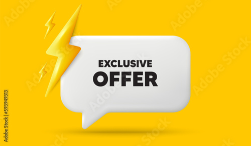 Exclusive offer tag. 3d speech bubble banner with power energy. Sale price sign. Advertising discounts symbol. Exclusive offer chat speech message. 3d offer talk box. Vector