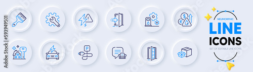 Entrance, Fuel price and Lightning bolt line icons for web app. Pack of Packing boxes, Filling station, Car charging pictogram icons. Open door, Brush, Charging parking signs. Vector