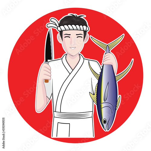 smart smiling Japanese young man in Japanese sushi chef uniform holding Japanese sushi knife and other holding yellow fin tuna fish background with red Japan sun drawing in cartoon vector