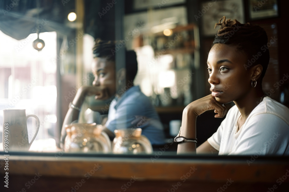 Thoughtful black woman looking at window rest in modern cafe. Generative AI