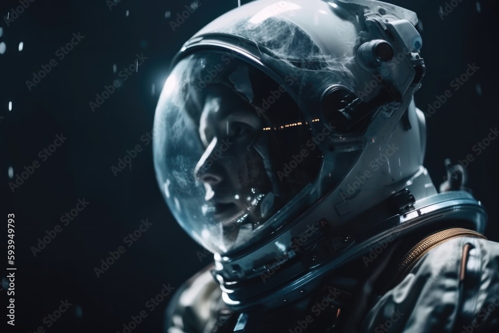Fototapeta premium Astronaut wearing a helmet in outer space. Space travel, exploration and solar system concept. Generative AI